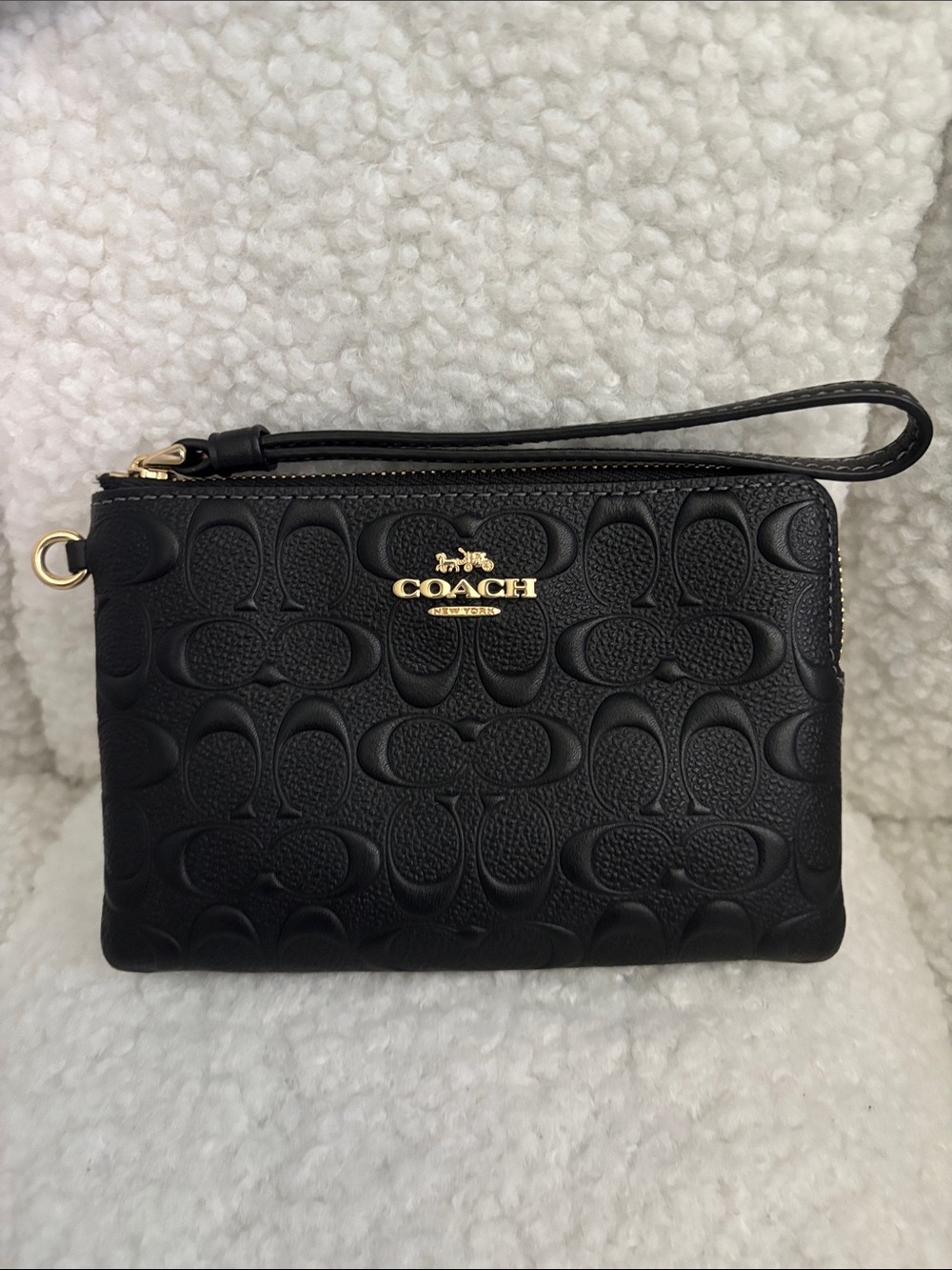 COACH Black Signature Embossed Leather Wristlet